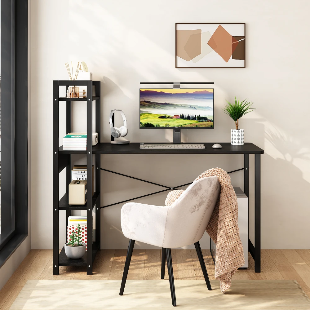 Computer Desk Bookcase Integrated Desktop Table Home Bedroom Table Steel Frame Student Writing Desk Desk 4 Tier Storage Shelves