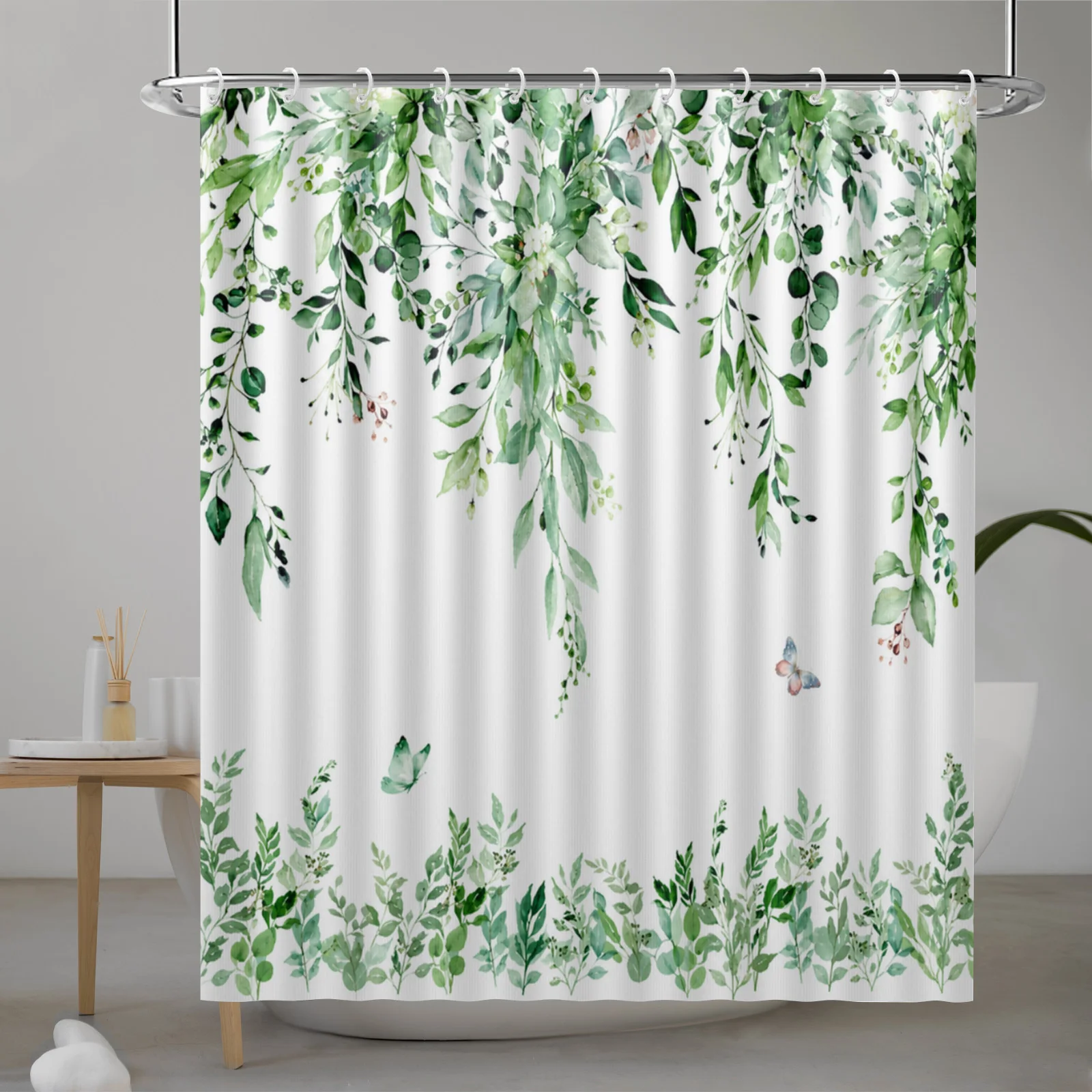 Green Plants Eucalyptus Shower Curtain with Hooks Waterproof Polyester Fabric Bathroom Modern Minimalist Curtains for Bath Room