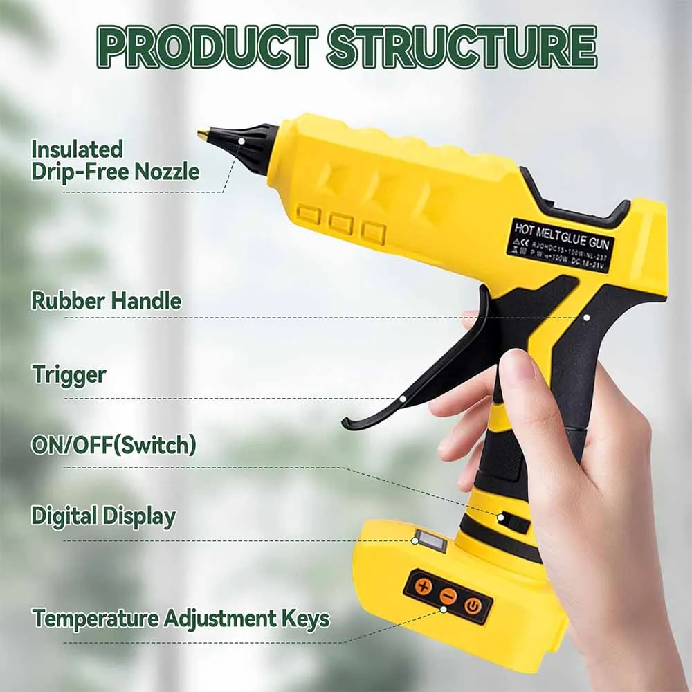 

100W Cordless Hot Melt Glue Gun 100℃-200℃ LCD Digital Display with 10pcs Glue Sticks For Dewalt/Milwaukee/Makita 18-21V Batter