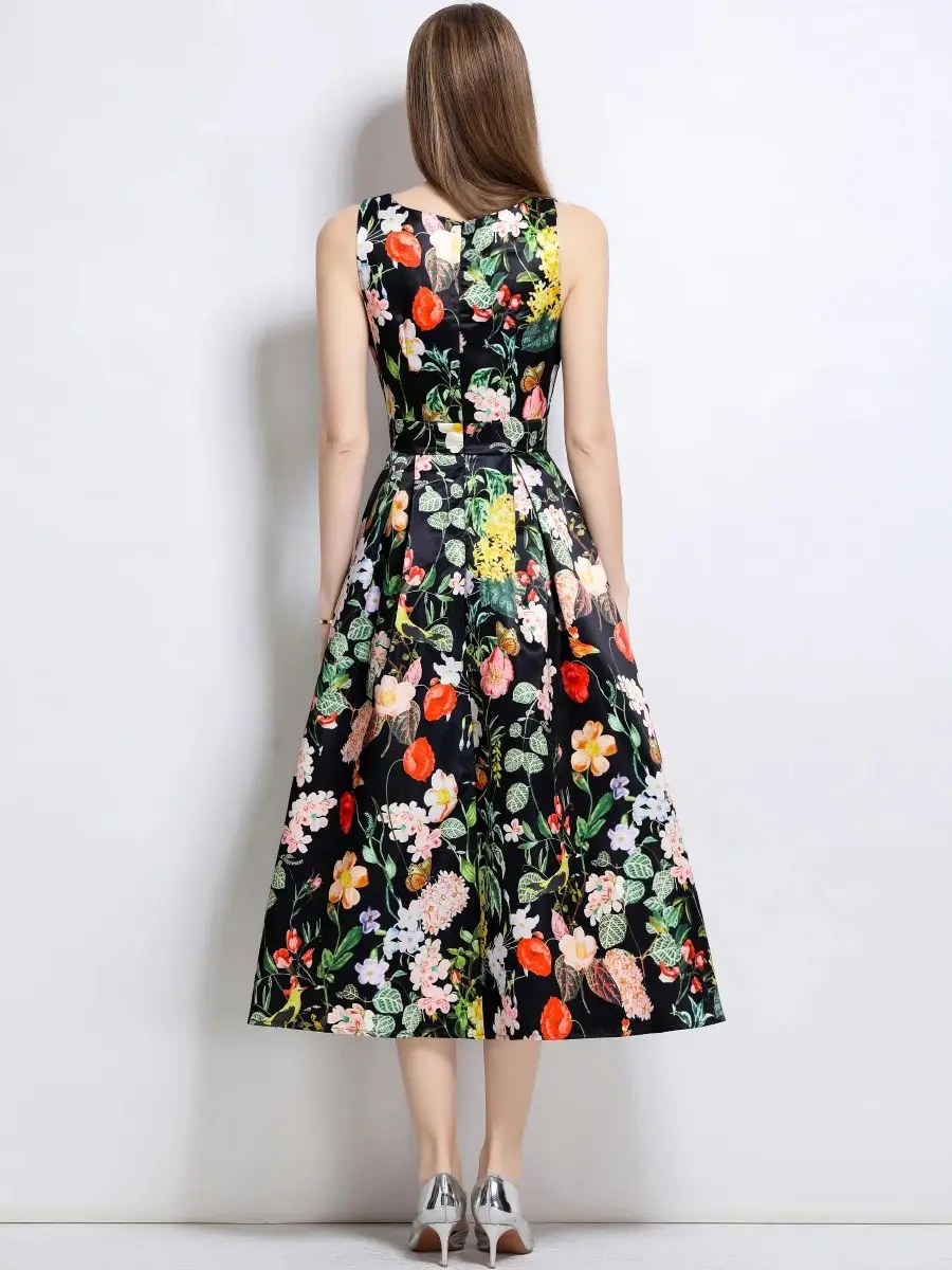 loral stampato senza maniche abiti a vita alta donna ritaglio stereoscopico a vita abito longuette a trapezio estate nuova moda