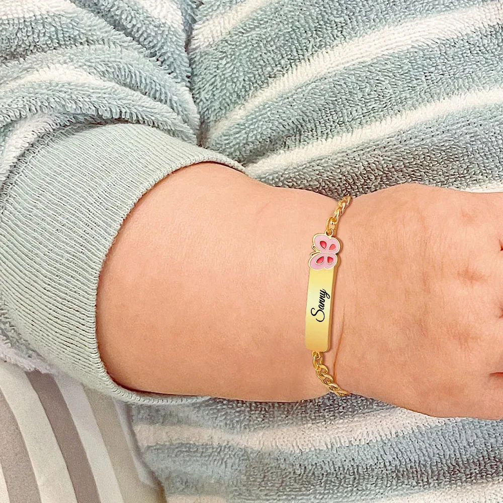 Custom Engraved ID Name Personalized Bracelet for Boy Girls, Butterfly Figaro Chain Adjustable, Newborn Gift f