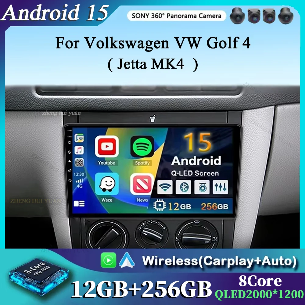 For Volkswagen VW Golf 4 Jetta MK4 2K 12+256 QLED Android 15 CarPlay Car Radio Multimedia Video Player GPS stereo Head Unit 4G