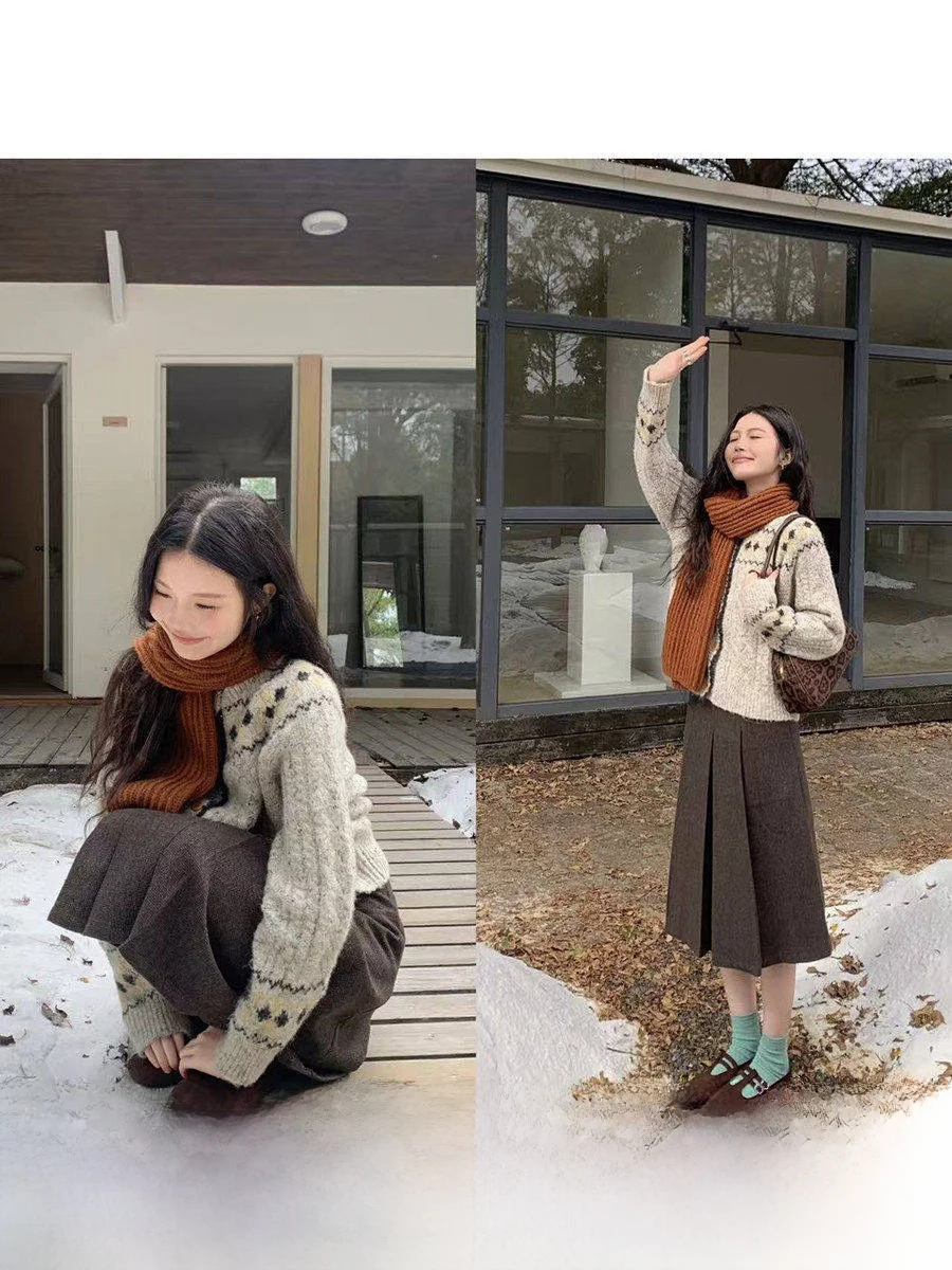 

Linyunyun Forest System Knitted Sweater Cardigan Loose Fit Long Sve round Ne Button up Warm Casual Sle Winter Faion