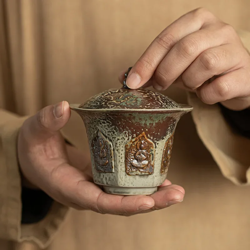 Dunhuang Impression Fu Lu Ercai Tureen Stoneware, Retro Large Tea Cups, Kung Fu Tea Cup Set, Mini Set Buddha Statue Covered Bowl