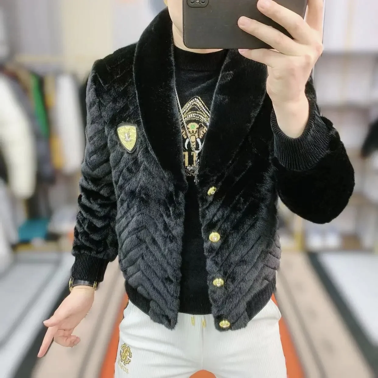 

Ele Men's Winter Jaet with Golden Mink Velvet Slim Fit Qingguo Collar Diamond Pattern Faionable Youthful Sle