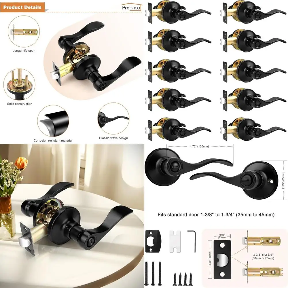 

Набор из 10 матовых черных дверных ручек волнообразной формы, реверсивные, для спален и ванных комнат, внутренние дверные ручки с ключом