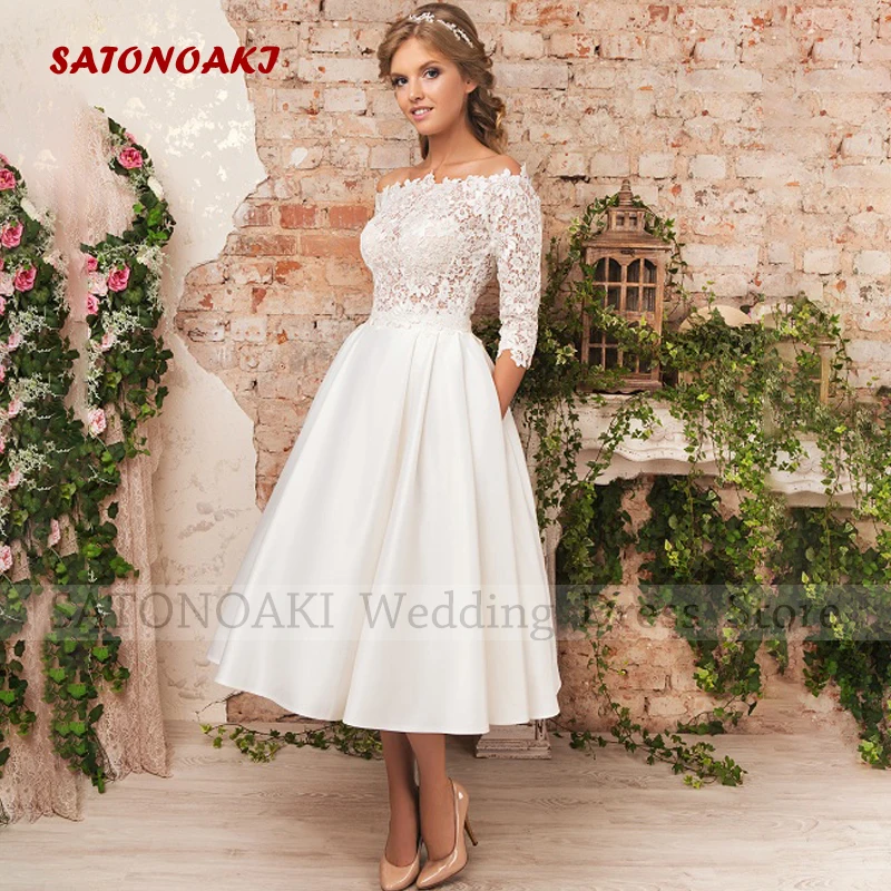 Vestido De Novia corto De satén con hombros descubiertos para mujer, elegante Vestido De Novia con bolsillos, línea A, largo hasta el té