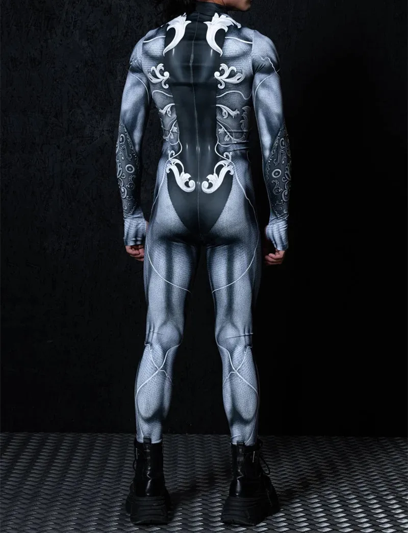 Cooler schwarzer Jumpsuit für Männer, Punk-Overall, Halloween-Karnevalsparty, Cosplay, Steampunk-Kostüm, Party-Kampfanzug, elastischer Bodysuit – Detail 17