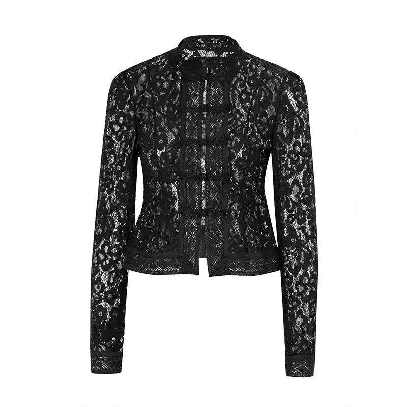 여성용 레이스 프린트 셔츠 탑 봄 신상 긴팔 홀로우 아웃 싱글 브레스티드 패치워크 블라우스 여성 패션 슈러그 셔츠
