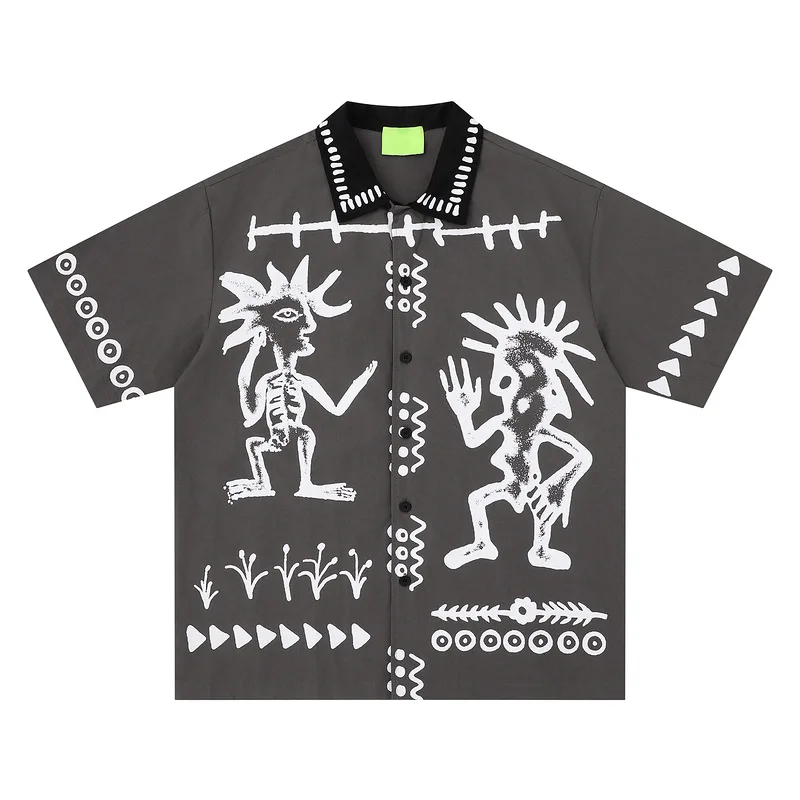 Cotton Retro Ethnic Style Contrasting Color Lapel Original Totem Print Loose Short-sleeved Shirt Men