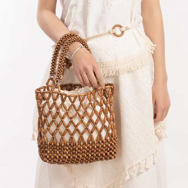 

Сумка-ведро ручной работы с бисером, ажурным дизайном и подкладкой, в стиле бохо, с верхней ручкой, универсальная пляжная сумка-тоут для женщин