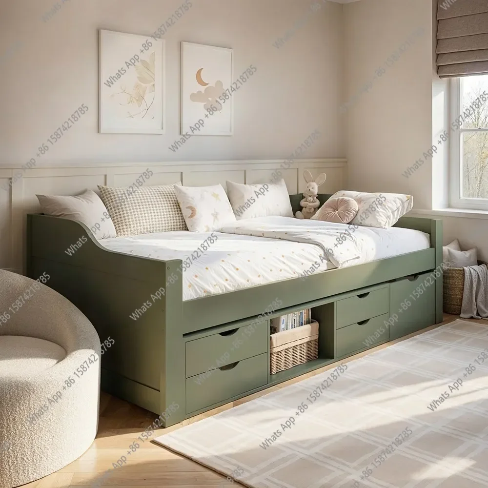MS MX Solid Wood Children's Bed 1.2 Meters Army Green Storage Bed With Drawer Single-layer Bed Small Apartment Storage Customiza