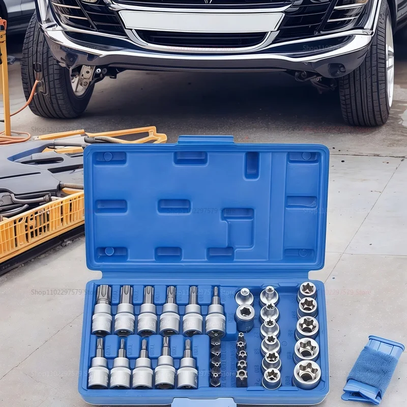 

Professional 34pcs Torx Bit Socket & E-Torx Star Socket Set 1/4" 3/8" 1/2" Drive Male Female E-torx Bits Handheld Tool with Case