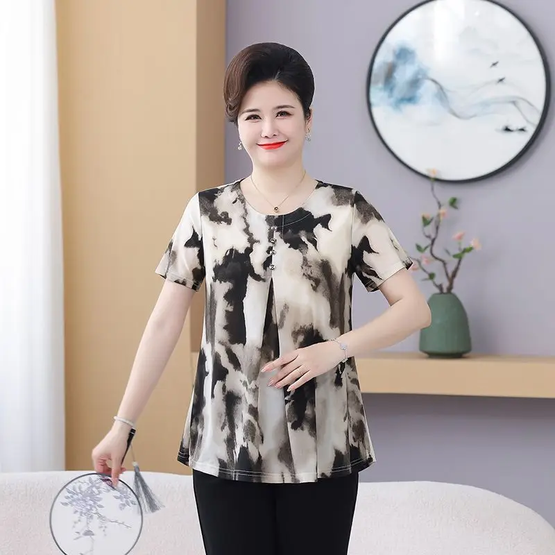 Mom's Short Sleeve 220 Jin Middle-aged and Elderly Summer New Style Plus Size T-shirt Oversized Top Loose  Versatile Blouse