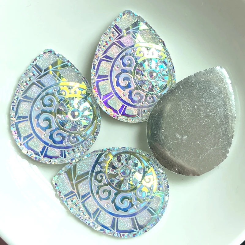 New universe 30*40mm teardrop heart resin Gem Cabochon Flat back sewn rhinestone raw beaded earrings 6 pieces /lot