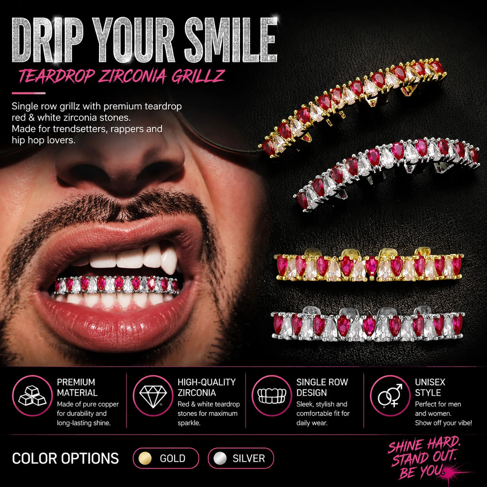JINAO Hip Hop Iced One Row Red CZ Mixed Upside Drop Teeth Heart Grillz Top&Bottom shinny Fangs star Grill Punk Rapper Christmas