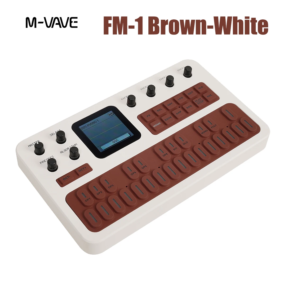 M-VAVE FM-1 (SK15) Brown-White Handheld Synthesizer –  6 Operators, 32 Algorithms, Reverb/Delay/Distortion, 16-Step Sequencer