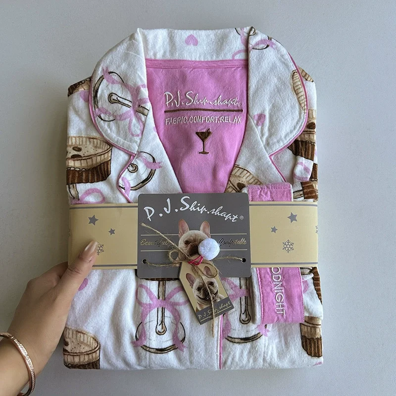 100% Cotton Pajamas for Women Cartoon Long Sleeve Drawstring Pants Loungewear Women 2 Piece Set Pjs Loose Women Outfit Sleepwear
