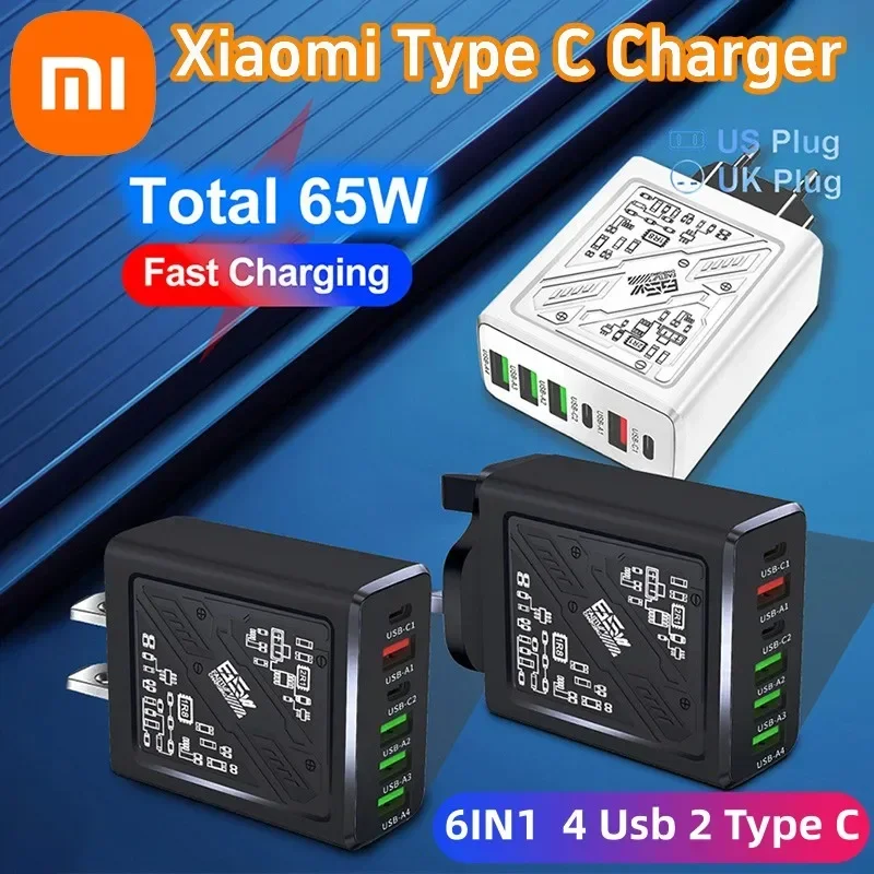 Xiaomi 3.1A Fast Charger 6 In 1 4 USB 2 Type C Ultra Quick Charging 65W Wall Charger For Samsung Iphone Mobile Phone Adapter