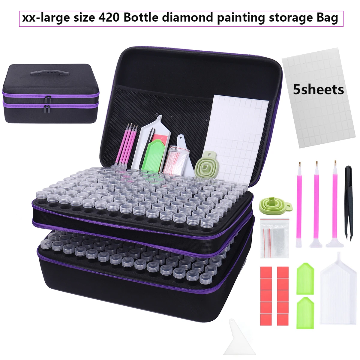 5D 420 Grids Diamond Painting Tools Kits Accessories 60 Bottles Container Sticker Carry Case Purple Storage Bag Grids Box Pen