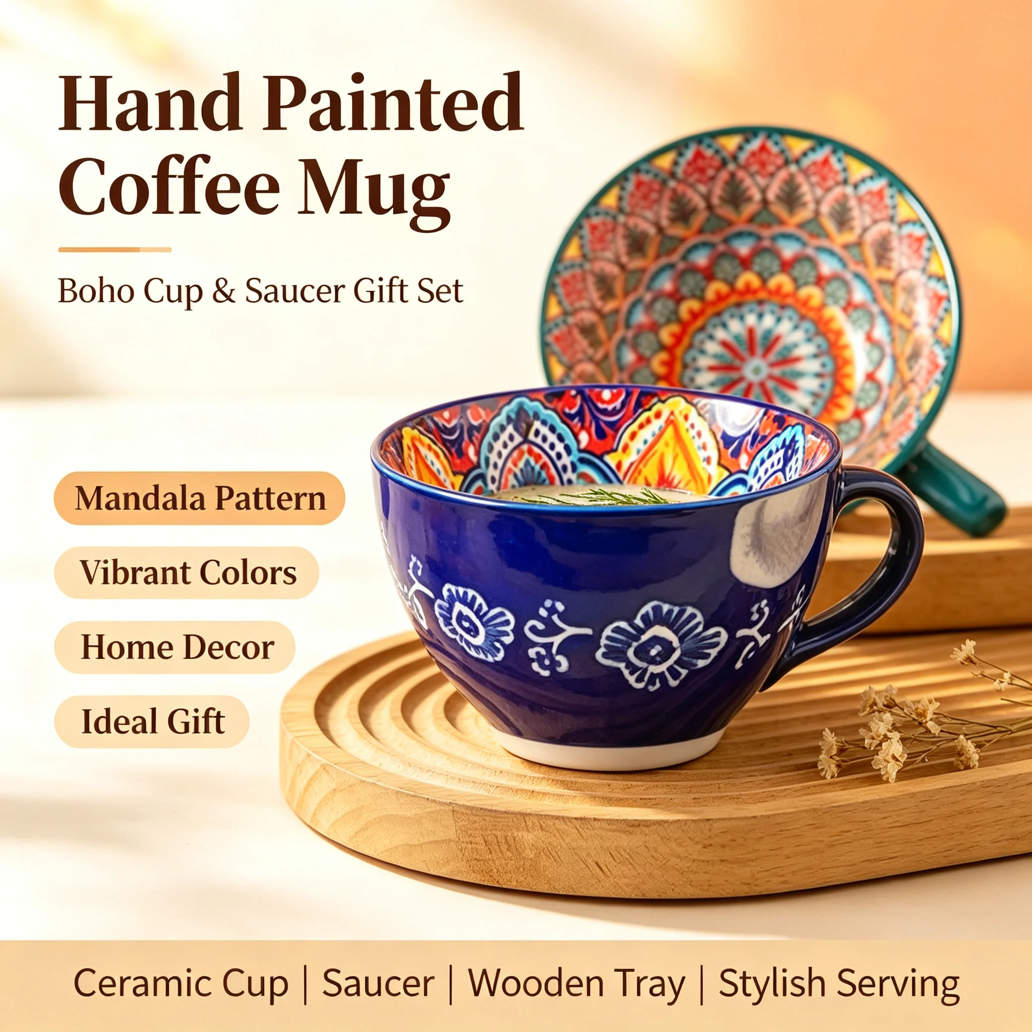 1pc 450ml/15oz Bohemian Ceramic Coffee Mug, Boho Style Underglaze Ceramic Breakfast Cup Multicolor Porcelain Cup for Matcha Latt
