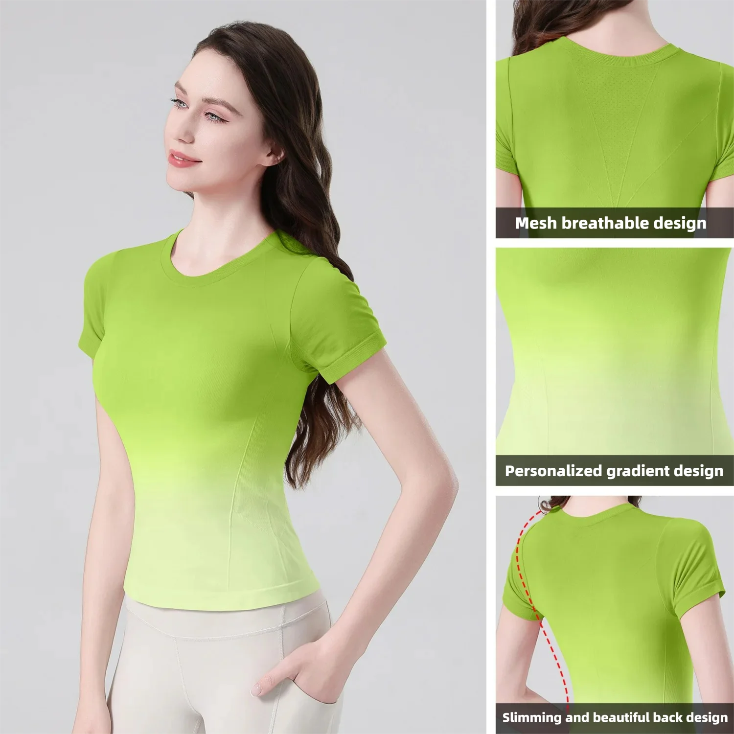 Women Gradient Yoga T Shirt Quick Dry Breathable Round Neck Sports Tops Thin Fitness Running Outdoor Workout Base Layer Tee