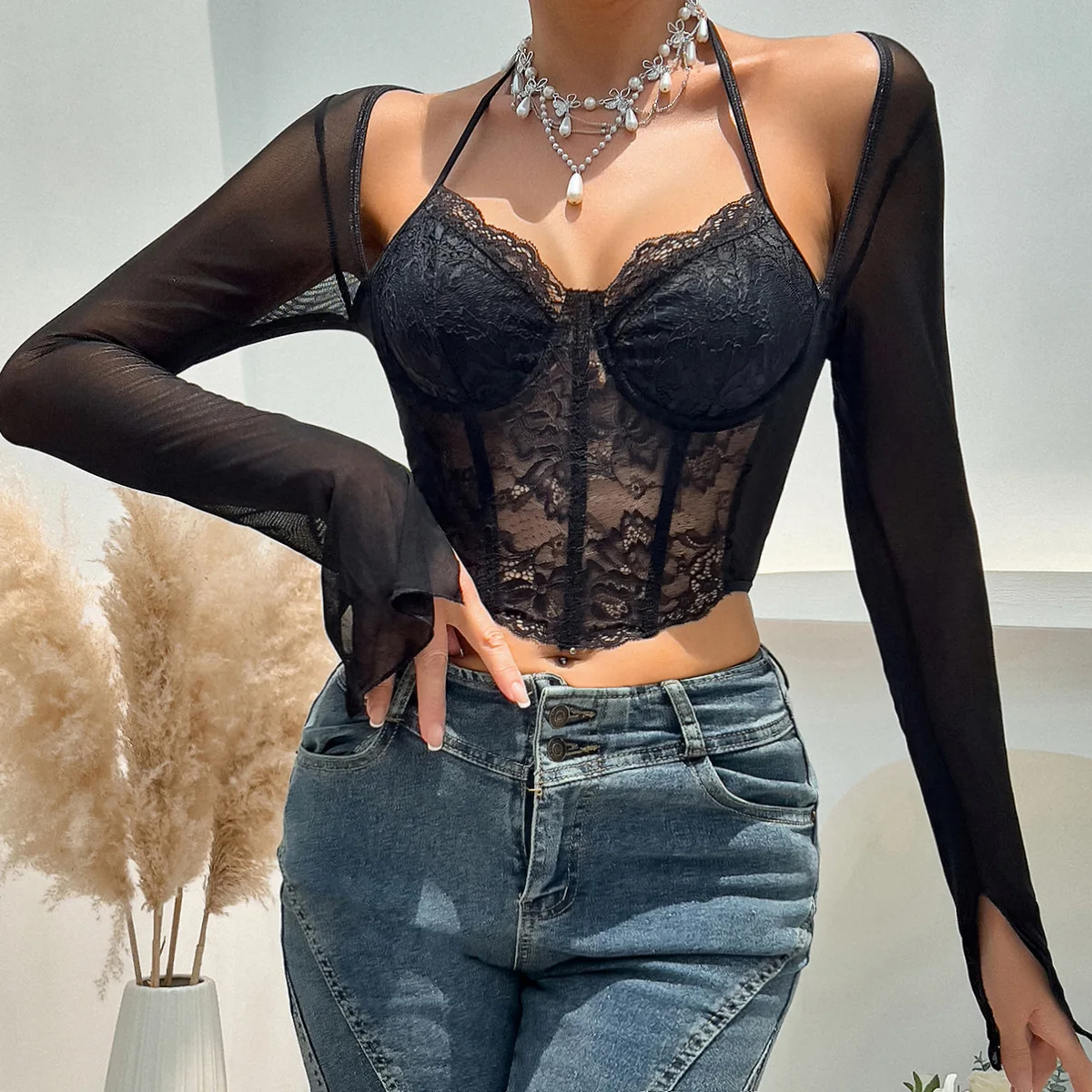 New Lace Mesh Steel Ring Fish Bone Slim Tether Temperament Versatile Outer Wear Women's Top