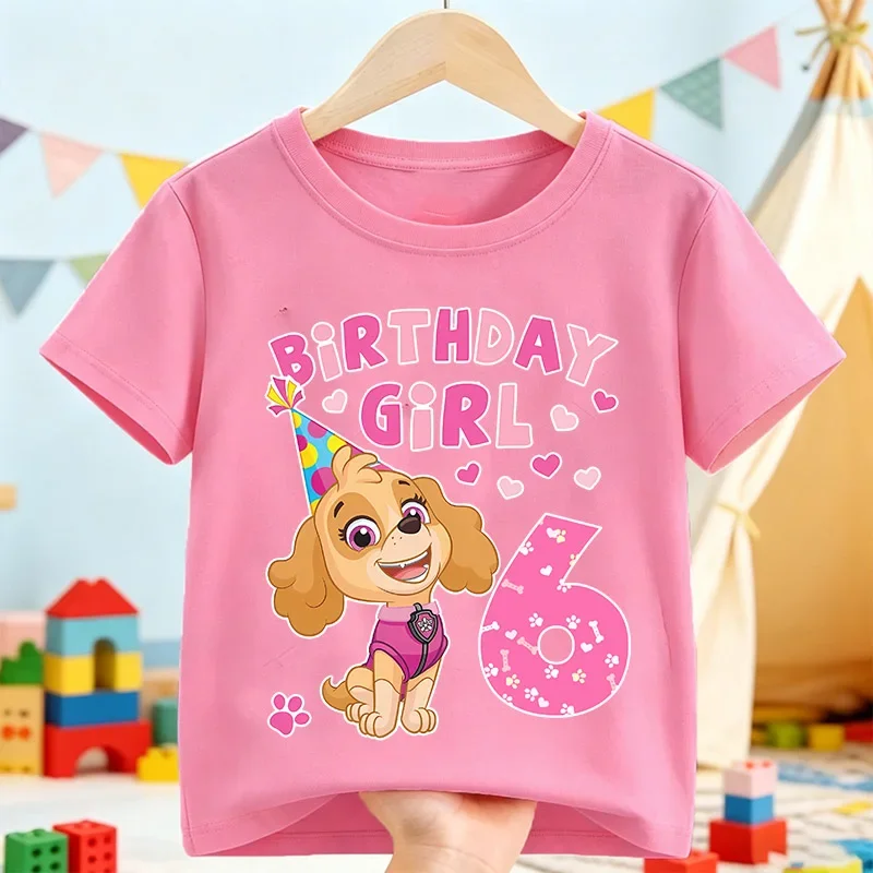 Paw Patrol Skye T-shirt Children Birthday Figure Tee Top Girls Pink Clothes Cartoon Anime Short Sleeve Kids Loose Clothing Gift