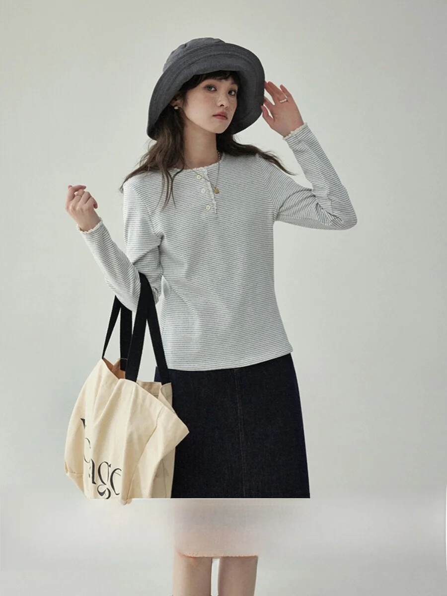Original AMUU Japanese Style Knitted T-Shirt Women's Stripe Base Shirt Lace Trim Spring Vintage Top Casual Standard Fit Cotton