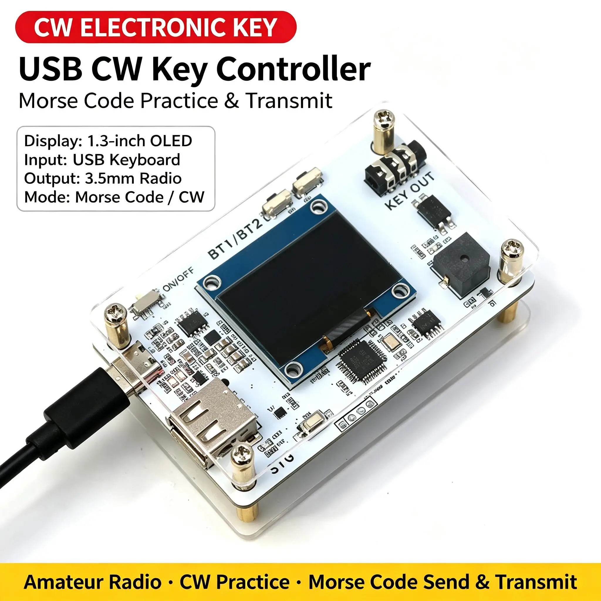 DYKB USB CW Electronic Key Controller Morse Code Encoder 1.3in OLED Display 3.5mm Jack Ham Radio Practice Transmit Iambic Keyer