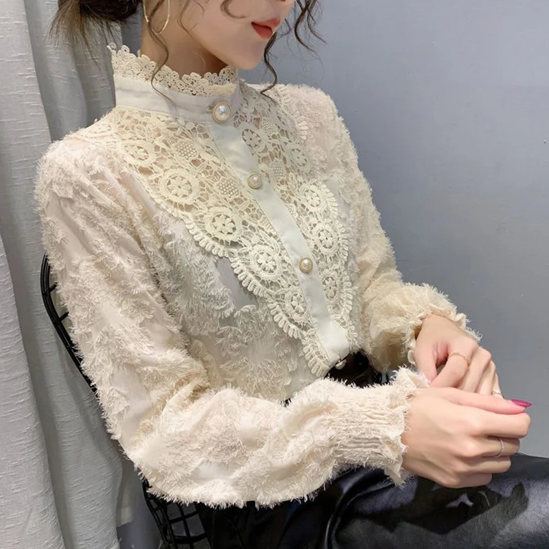 Women Korean Fashion Sexy Lace Beaded Button Shirts Vintage Elegant Stand Collar Blouse Black White Long Sleeve Slim Tops Blusas