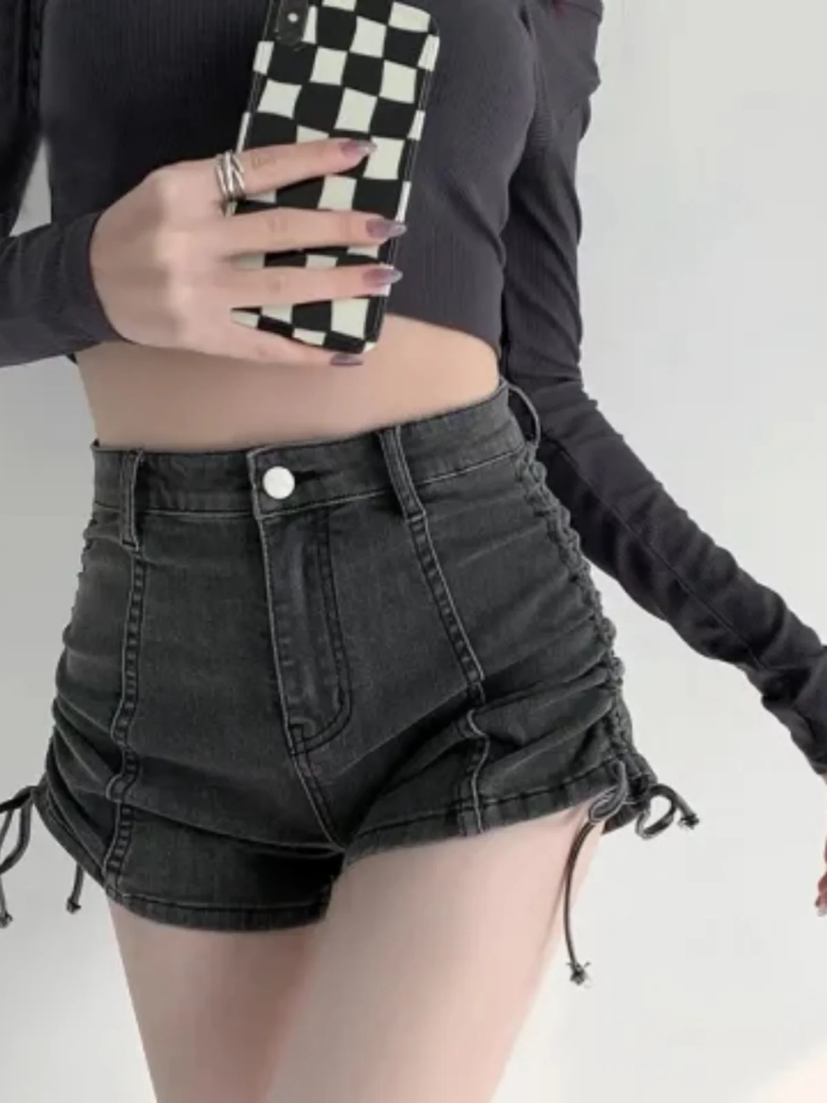 

Black Drawstring Denim Shorts Women's Summer 2024 Hot Spicy Girl High Waist Slim A-Line Super Short Pants Hot Pants