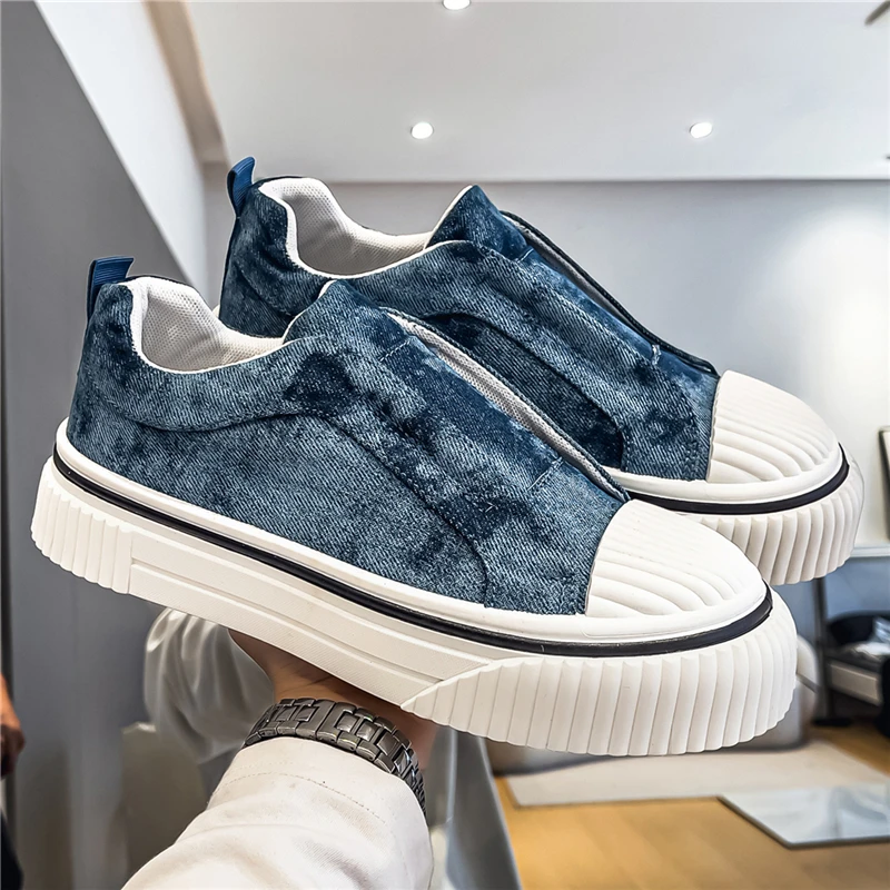 Vintage Washed Denim Slip On Shoes Elastic Goring Design Non-lace Thick Sole Comfort Daily Walking Footwear