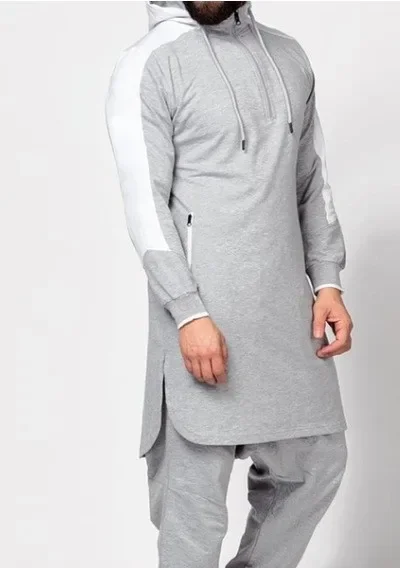 Hooded Men Muslim Jubba Thobe Patchwork Islamic Clothing Long Sleeve Dubai Kaftan Male Saudi Arabia Shirt Plus Size 3XL 4XL