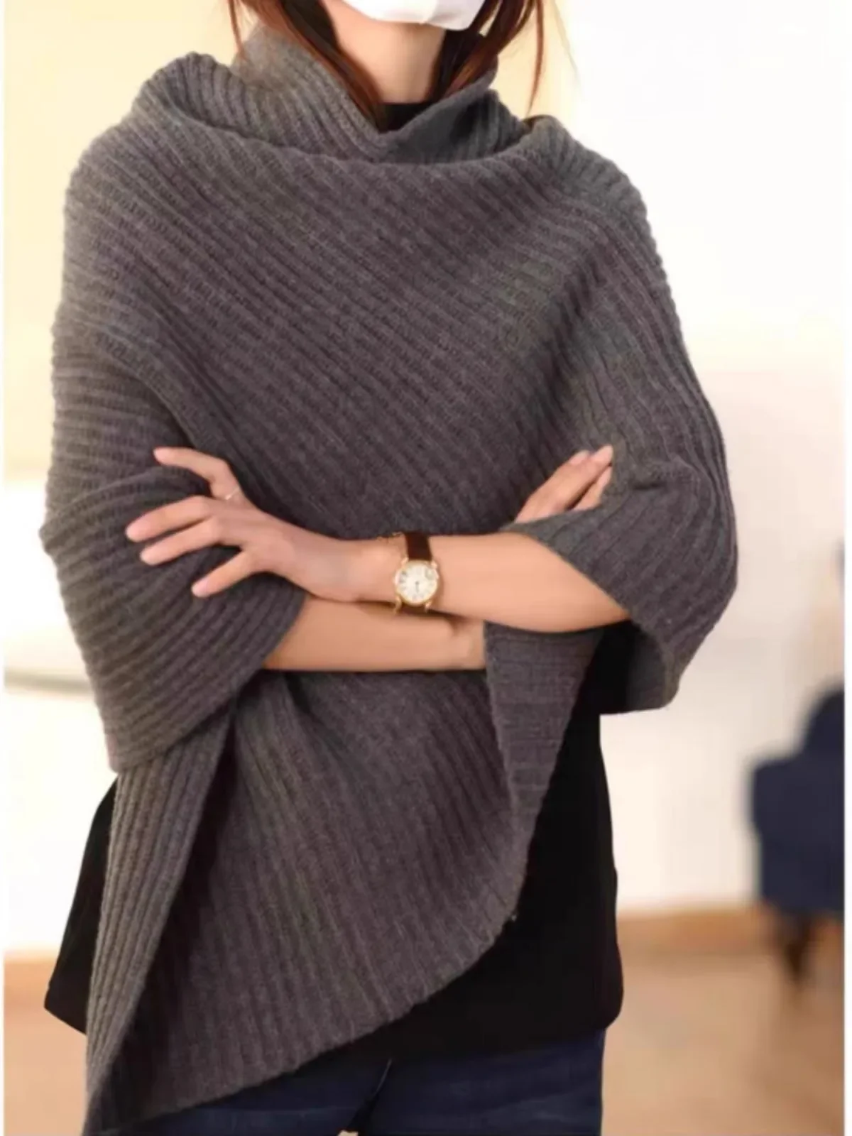 Sweter szal damski z czystego kaszmiru o wysokiej jakości, z nieregularnym golfem, luźna, gruba dzianina, narzutka na wieżę.