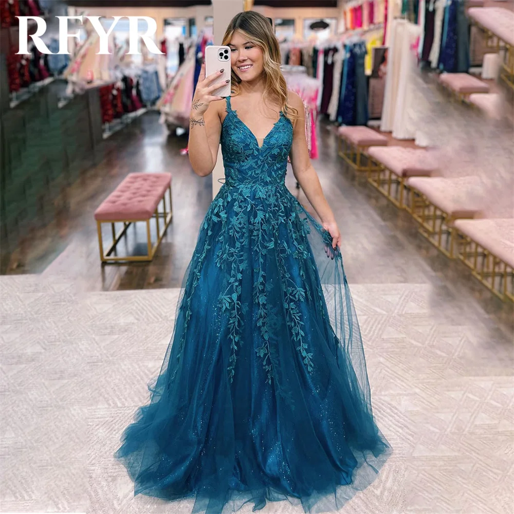 

RFYR Navy Blue Prom Dress Scoop Appliques Evening Party Dress A-Line Floor Length Elegant Sleeveless Tulle Party Gown Customized