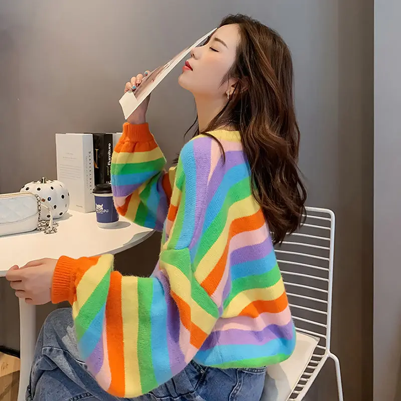 Cute Knit Tops for Woman Kawaii Women\'s Sweater Striped Pullover New In Korean Luxury Promotion Harajuku Fashion Warm Style Tall