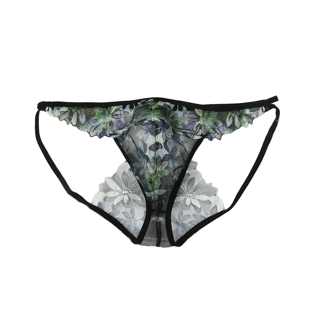 1PC Men Sexy Mesh Floral Embroidered Lace G-String See Through Low-waist Thongs Printing T-back Breathable Panties