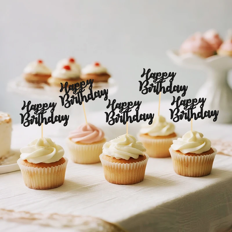 YOMDID 24 Stück glitzernde Cupcake-Topper zum Geburtstag, Kuchen-Picks zum Feiern, Geburtstag, Kuchendekoration, Party-Dekoration, Zubehör – Detail 9