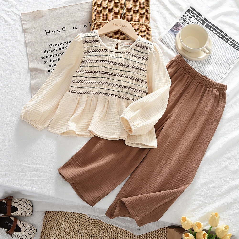 2026 Spring and Autumn New Color Blocked Girls' Clothing Long Sleeve Round Neck Top+Brown Pants Kids Clothes Girls Two-piece Set
