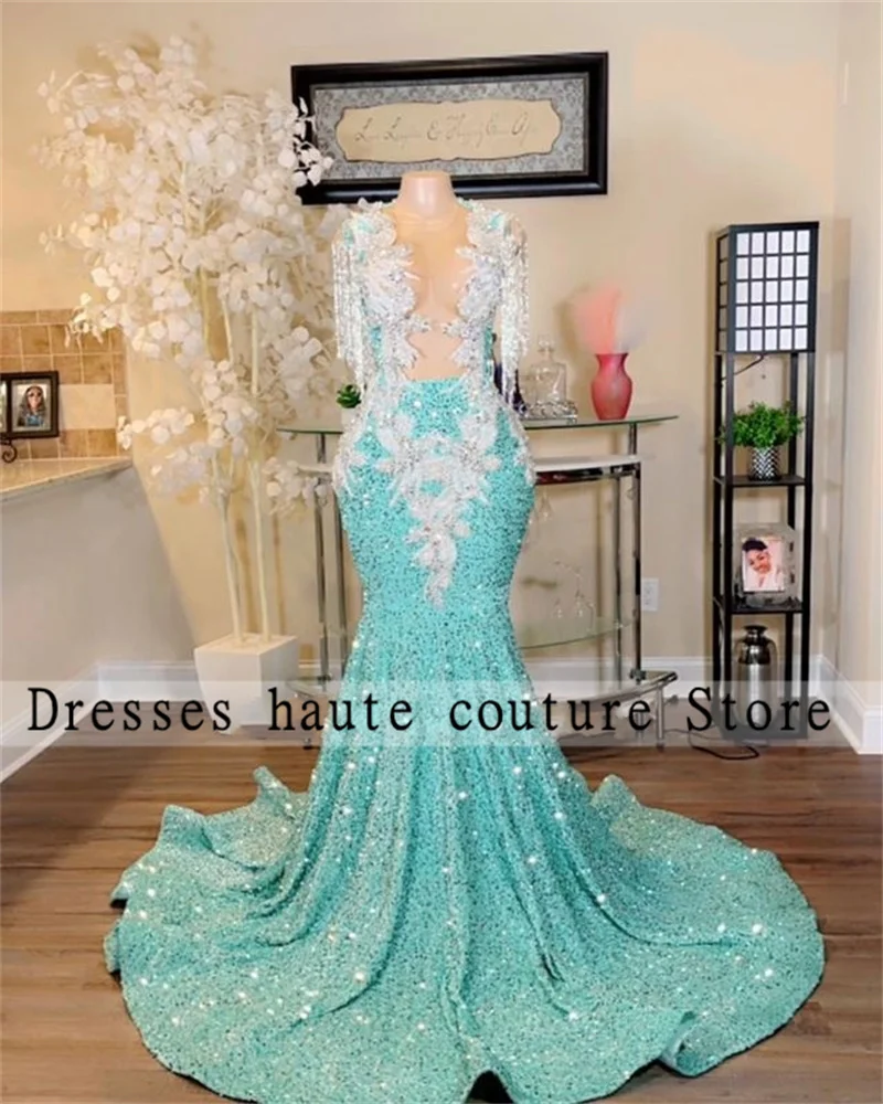 Glitter Sequins Appliques Mermaid Prom Dresses 2025 For Black Girls Sexy Rhinestones Crystal Tassel Party Gowns Customized