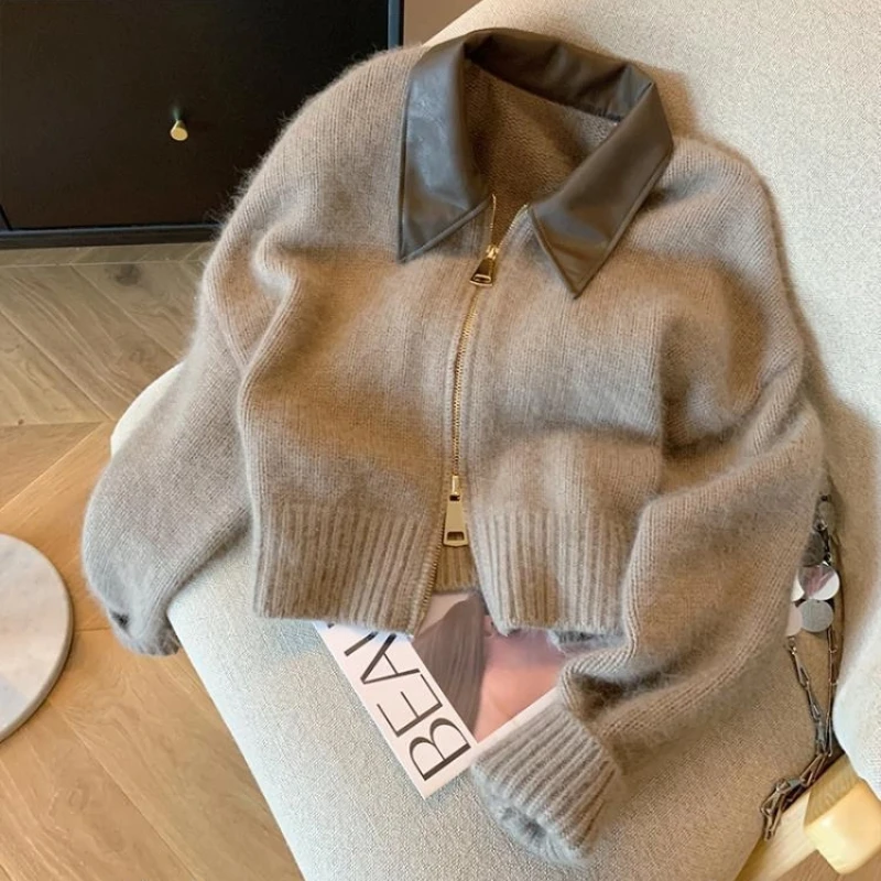 

Double Zipper Solid Color Sweater Women's Autumn and Winter New Loose Casual Leather Patchwork Knitted Cardigan