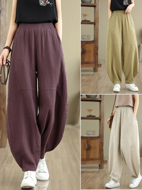 

Chinese Sle High Waist Wide Leg Cotton Linen Casual Pants Women's plus Size Faionable Color Leisure Trousers