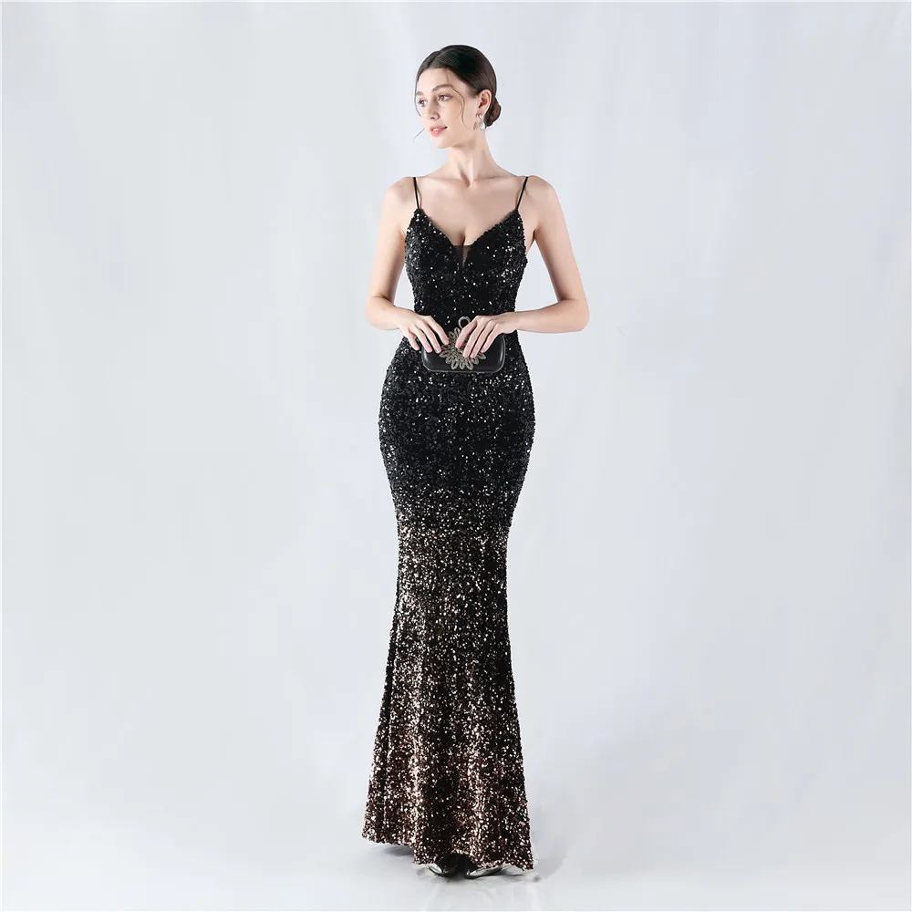 Customized Women's  Spaghetti Strap  Sequins Gradient  Prom Dresses Long Formal Gown Mermaid Evening Dress With