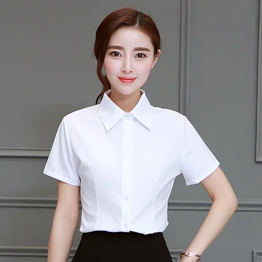 Korean Style Women's Cotton White Shirt Short Sleeve Summer Workwear Formal Large Size Blouse Professional Office Lady Clothes
