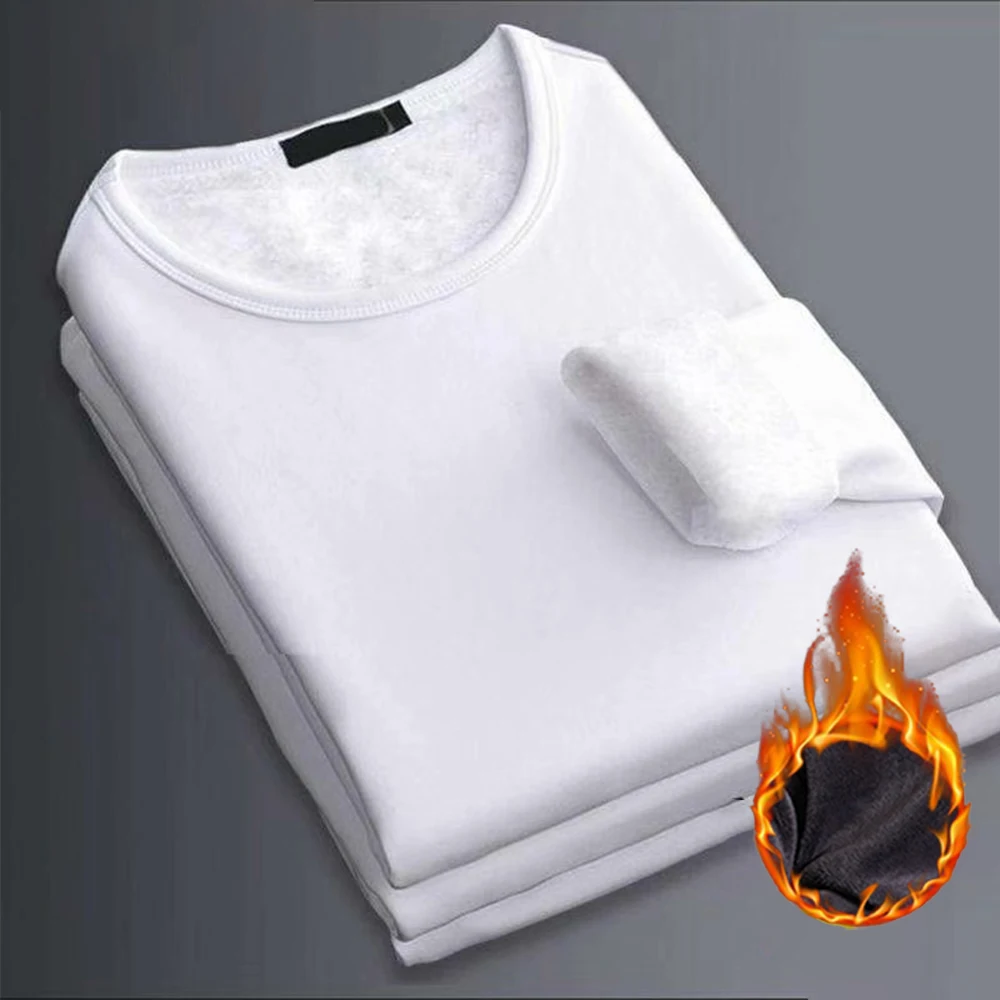 

Winter Men O/V-Neck Thermal Underwear Tops Thin Fleece Solid Color T-Shirts Slim Fit Undershirts Warm Man Clothing