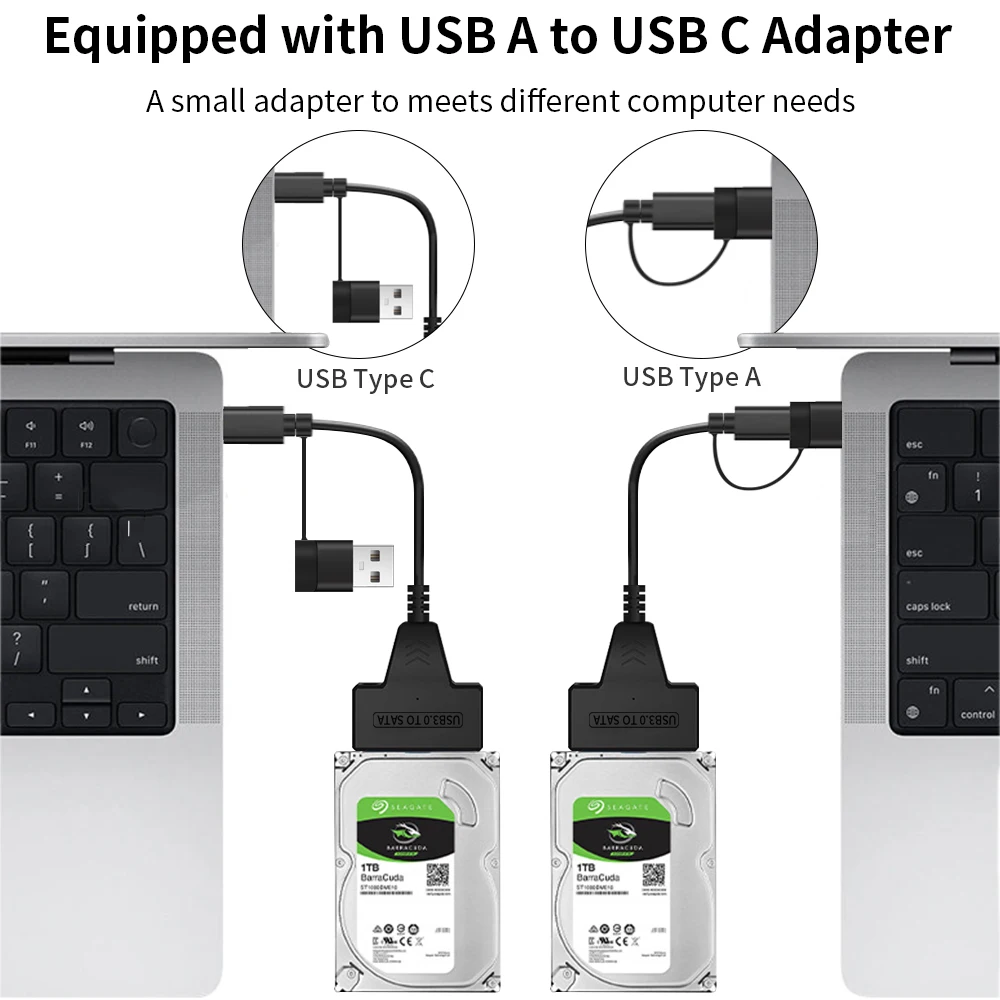 TISHRIC Adattatore SATA a USB-C 2 in 1 Cavo HDD/SSD esterno USB 3.0 per laptop, PC, Mac - SATA III a 22 pin a Type-C/USB-A