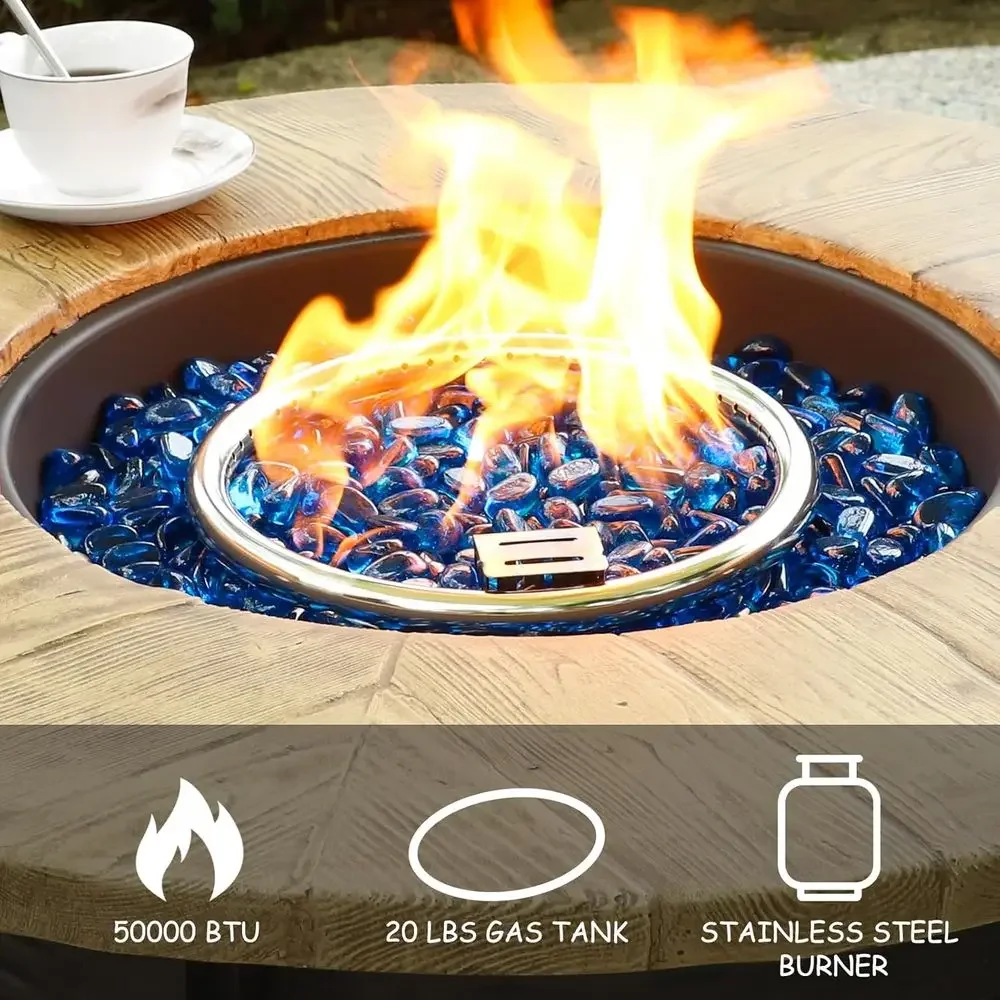 30 Inch Round Propane Fire Pit Table with 50,000 BTU, Ignition System, Glass Stones, and Rain Cover for Outdoor Patio and Deck