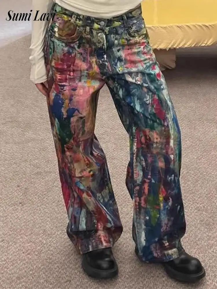 

Summer Vintage Colorful Printing Mens Jean Trousers Fashion Loose Straight Denim Pants Men Autumn New Casual Jeans