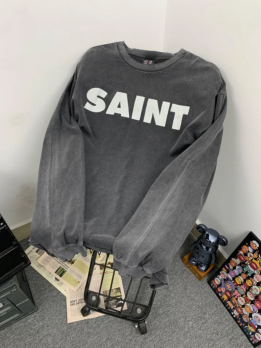 Classic Retro Streetwear Long Sleeve T-Shirt Heavy Washed Printed Loose Fit Cotton Breathable Casual round Neck Tee